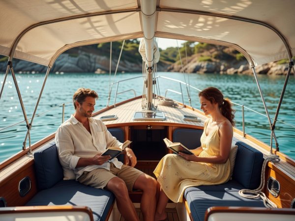 A couple reading in the shaded cockpit of a yacht at anchor