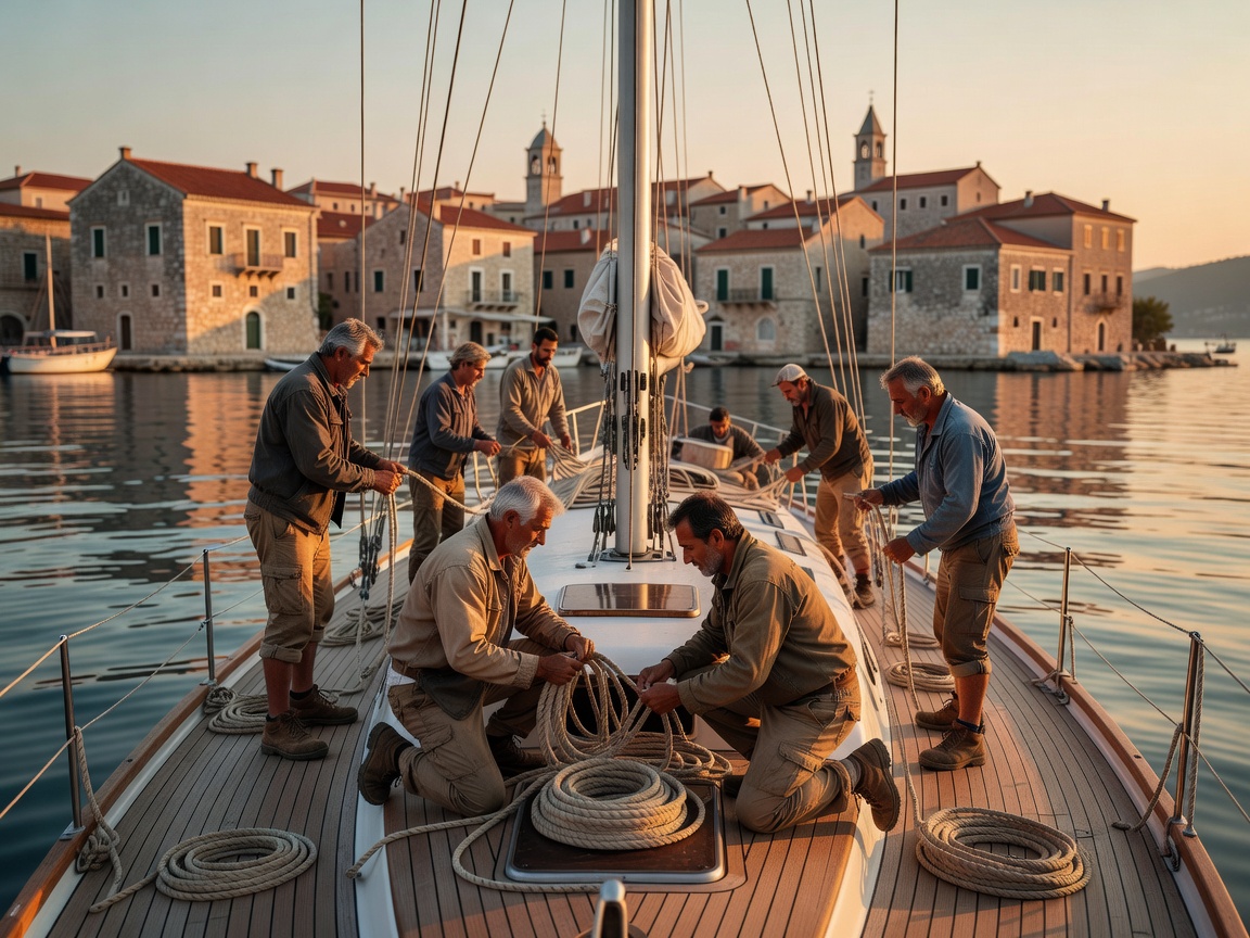 A crew coiling lines on the foredeck as their yacht arrives in the harbour of Vis town at golden hour