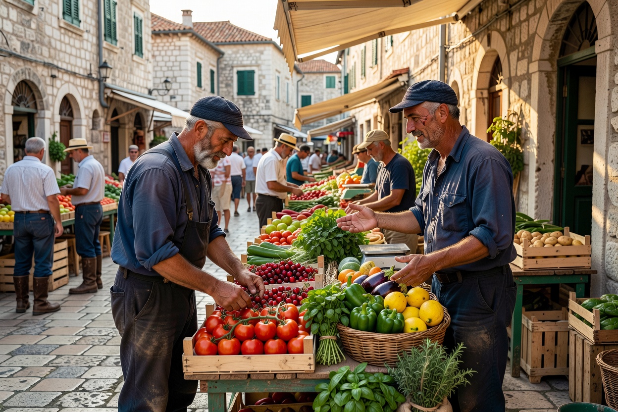 Two sailors buying fruit and vegetables at an open-air market in Korčula old town