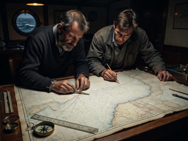 Two sailors plotting a route with dividers on a paper chart at the navigation table