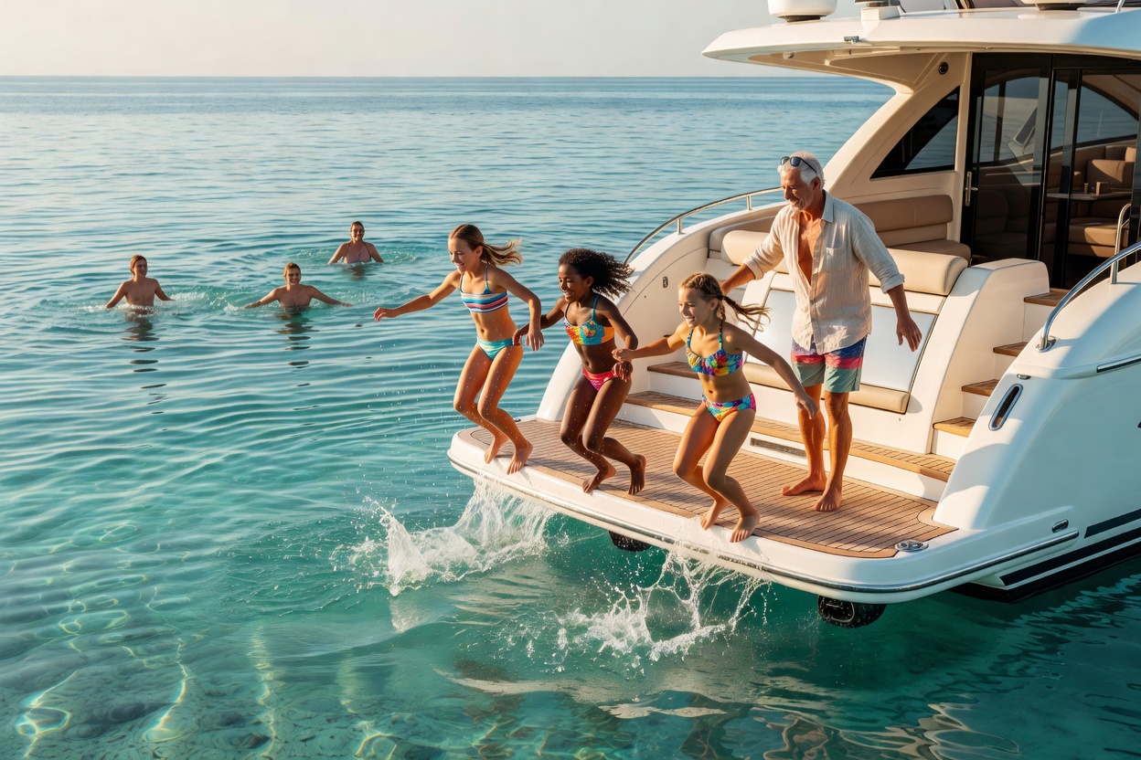 Children jumping from the swim platform of a yacht into clear water while a parent watches