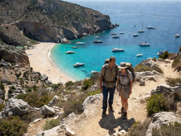Two walkers on a rocky stretch of the Lycian Way looking down at a yacht-dotted cove