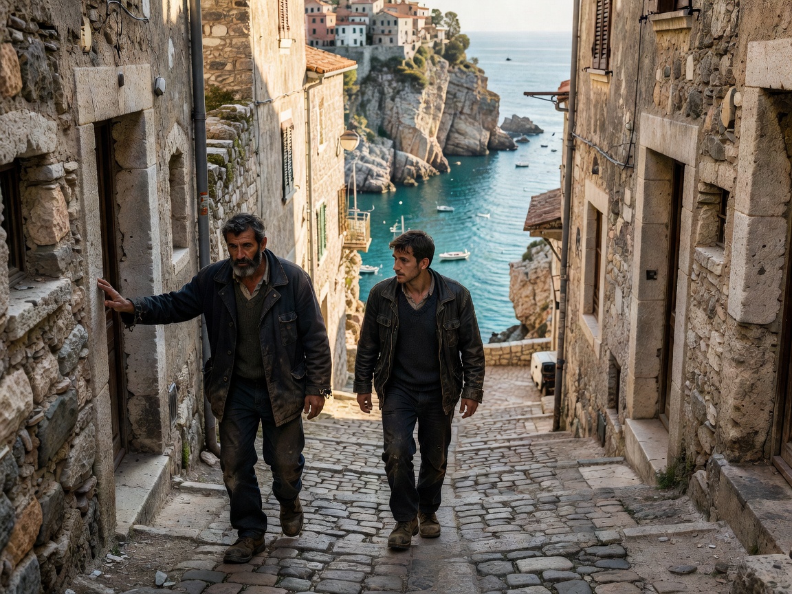Two sailors walking up the stone streets of Bonifacio old town above the harbour